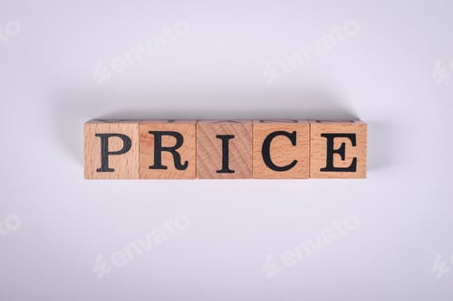 Preview: The inscription Price inspection made of wooden cubes on a plain background