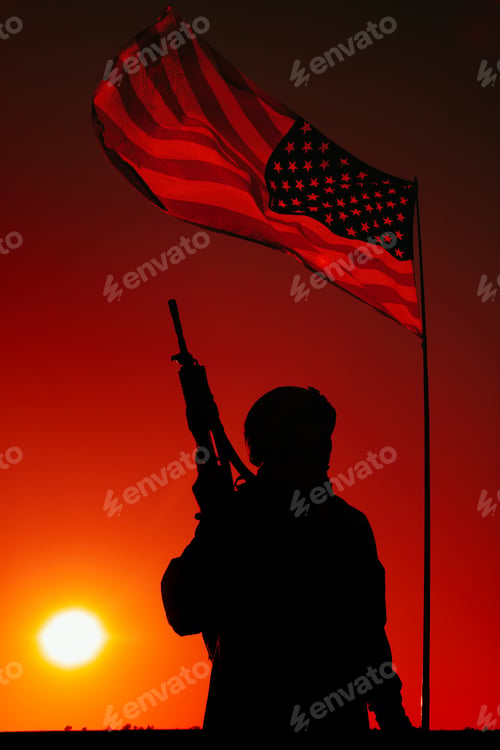 Preview: Silhouette of US soldier under national flag