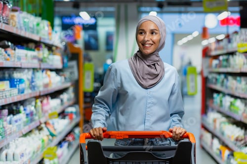 Preview: Portrait of successful satisfied woman shopper in supermarket, cheerful muslim woman in hijab with