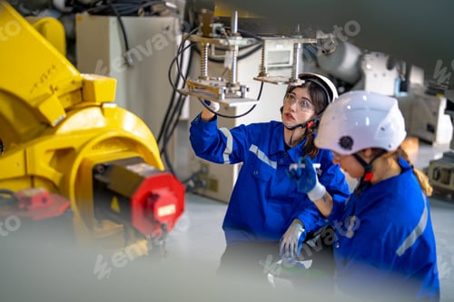 Preview: Engineer inspecting automatic AI robot arm and machines in factory. Engineer inspecting automatic AI