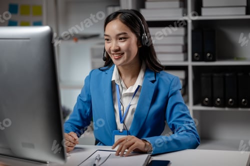 Preview: Asian woman wearing headphones and talking to customers. Call center employees answer the phone to h