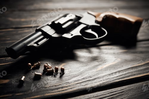 Preview: Revolver pistol with Flobert ammo 4mm on dark wooden background