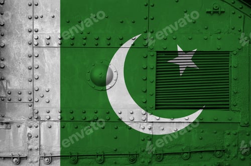 Preview: Pakistan flag depicted on side part of military armored tank close up