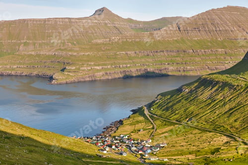 Preview: Traditional faroese village of funningur surrounded by fjord. Faroe islands