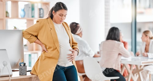 Preview: Pregnant woman, office and tired with hand on stomach, burnout and thinking by desk for wellness. S