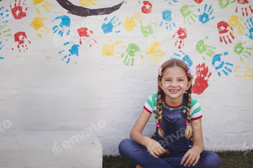 Preview: Child girl sitting cross-legged on grass in front of handprint wall holding red paint, copy space