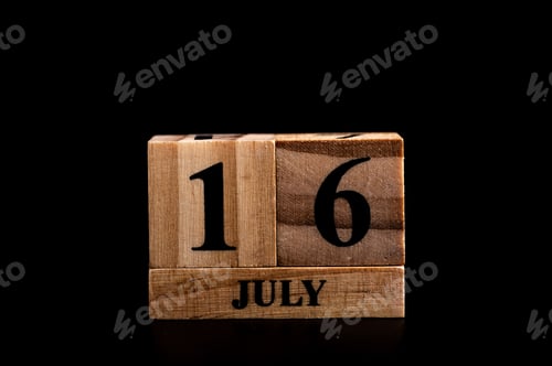 Preview: wooden calendar 16 July word on black background with copy space , selective focus at the calendar
