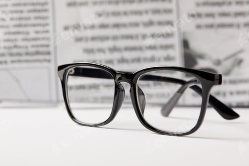 Preview: Black Framed Eyeglasses Leaning Against Blurred Text
