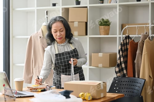 Preview: Middle age lady business owner preparing parcel for shipping to customers