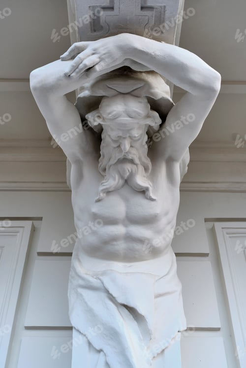 Preview: Fragment of facade of Rukavishnikov estate of 19th , Nizhny Novgorod, Russia. Sculpture atlanta