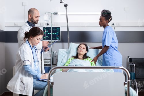 Preview: Practitioner doctors monitoring disease symptom writing recovery treatment
