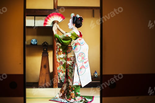 Preview: A woman dressed in the traeditional geisha style, wearing a kimono and obi, with an elaborate
