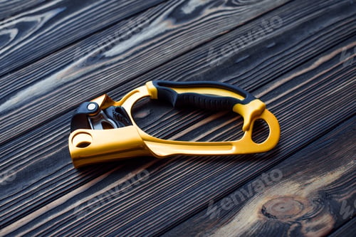 Preview: Brand new tool. Isolated photo of climbing equipment. Part of carabiner lying on the wooden table