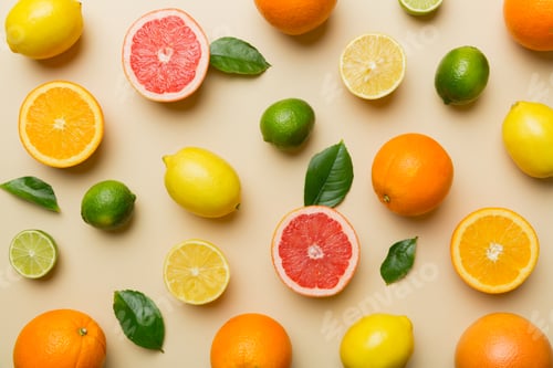 Preview: Flat lay of citrus fruits like lime, orange and lemon with lemon tree leaves