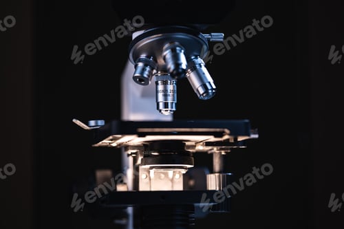 Preview: Scientific microscope lens working with data analysis in the medical laboratory, medicine equipment