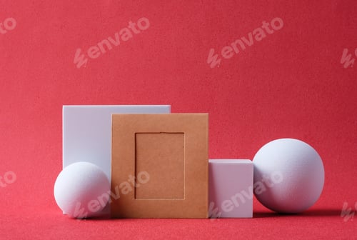 Preview: mockup blank paper frame with pedestal on red background