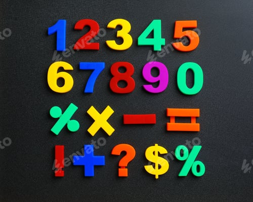 Preview: Colorful magnetic numbers and math symbols on black background, top view