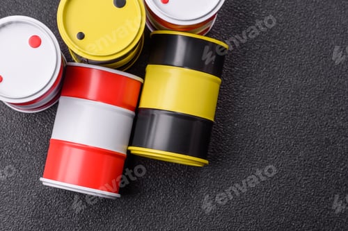 Preview: Metal barrels containing oil, gas, or chemicals, global fuel prices, and trends. Oil barrels