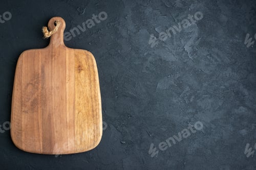 Preview: top view brown cutting board on dark background cuisine note hardwood chic horizontal border food