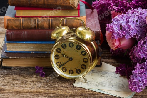 Preview: pile of books with clock