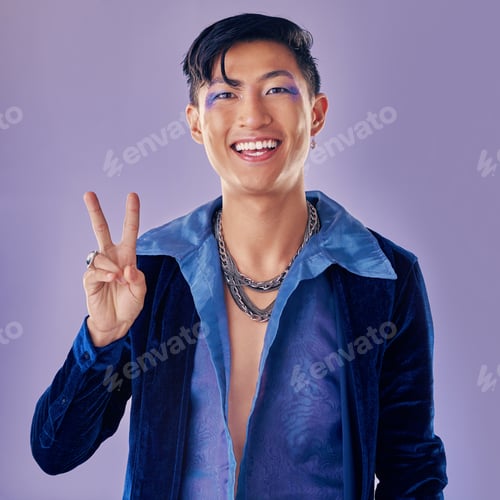 Preview: Fashion, peace sign and smile of punk man in studio with smile and vintage, retro or pop art clothe