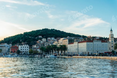 Preview: Waterfront of Split city with walking people before sunset. Croatia.