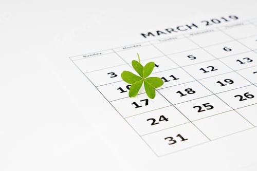 Preview: Paper calendar sheet with selected date March 17 and clover leaf. Happy St Patrick's day concept