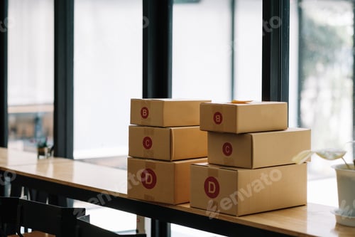 Preview: Ready to shipping, group of cardboard box delivery on wooden desk