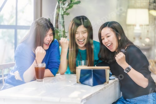 Preview: Group of Three asian businesswoman freelancer working with success happy action and celebrate