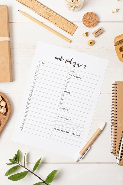 Preview: Desktop with planning template and office accessories