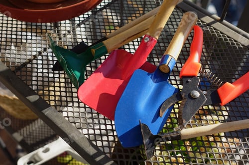 Preview: Gardening tools arranged on a metal table in sunlight