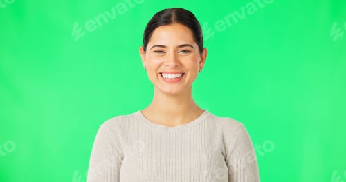 Preview: Green screen, face and woman with smile, happiness and confidence on color background, backdrop and