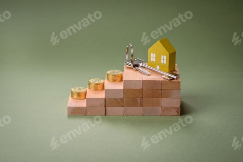 Preview: A small wooden house, money and keys as an idea for investing in your own home