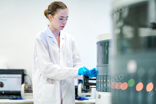 Preview: Focused female scientist and pathology lab technician, in a lab coat