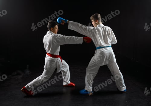 Preview: Two karatekas in white kimono and gloves, strike