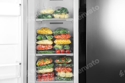 Preview: Plastic bags with different frozen vegetables in refrigerator