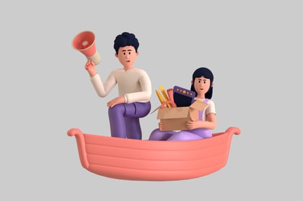 Preview: Animated Characters in Boat with Megaphone and Belongings
