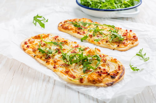 Preview: Tarte Flambee - flat bread (Flammkuchen) with bacon, onion, champignon and cheese