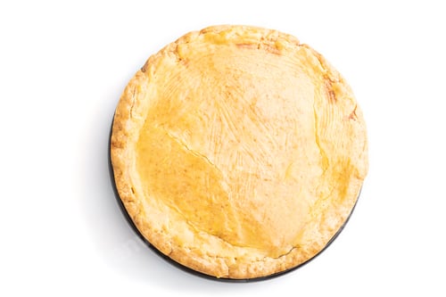 Preview: Autumn onion pie and cup of coffee isolated on white background. Top view.