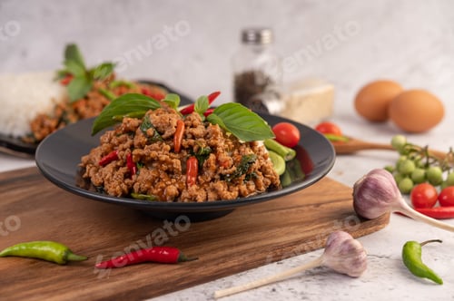 Preview: Spicy minced pork and rice on a black plate.