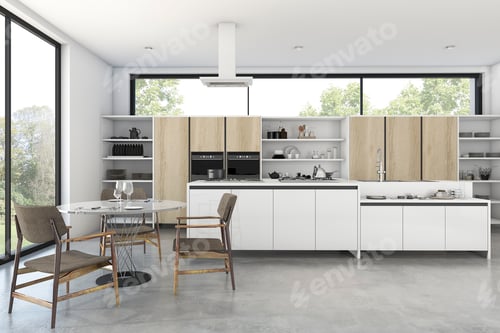 Preview: 3d rendering loft wood kitchen with nice view from window
