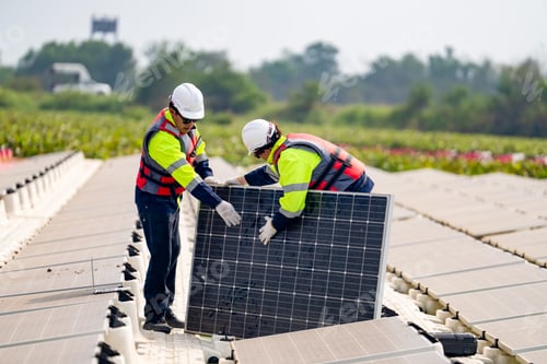 Preview: Renewable Energy Eco Technology Electric Power. Floating solar panels on lake.