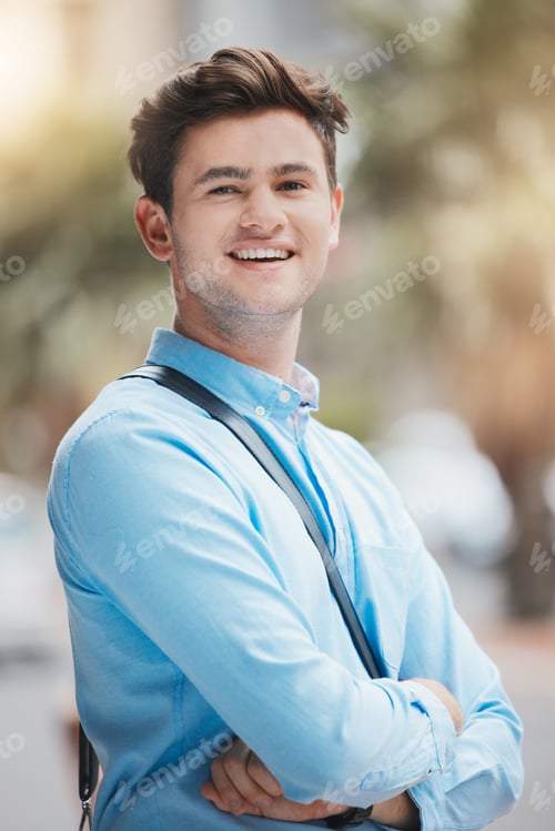 Preview: Businessman, smile and portrait in city with lens flare from sunshine. Man, professional and happin