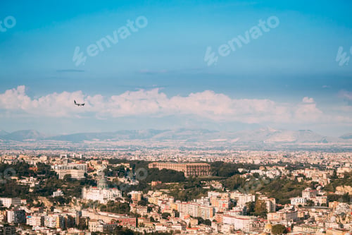 Preview: Naples, Italy. Plane Flying Above City. Top View Of Cityscape
