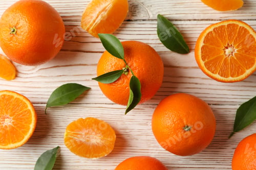 Preview: Ripe sweet mandarins on white wooden background, top view