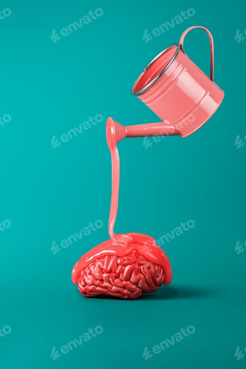 Preview: Pink watering can watering the human brain with sweet syrup. Creative concept of mental health.