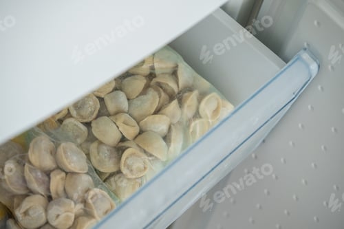 Preview: Frozen handmade dumplings in refrigerator icebox. Frozen homemade pelmeni in home fridge