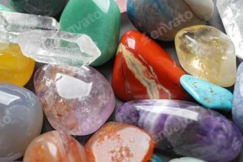Preview: Different precious gemstones as background, closeup view