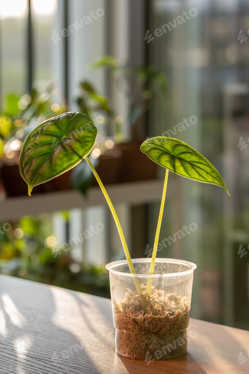 Preview: Closeup of sprout Alocasia Baginda Dragon Scale cuttings with roots in in plastic cup with moss