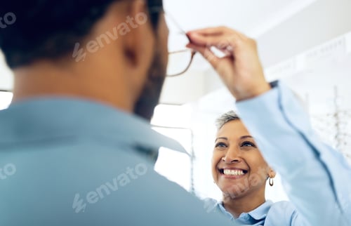 Preview: Optometrist, eye care service or customer with glasses for vision in a retail optical or eyewear sh